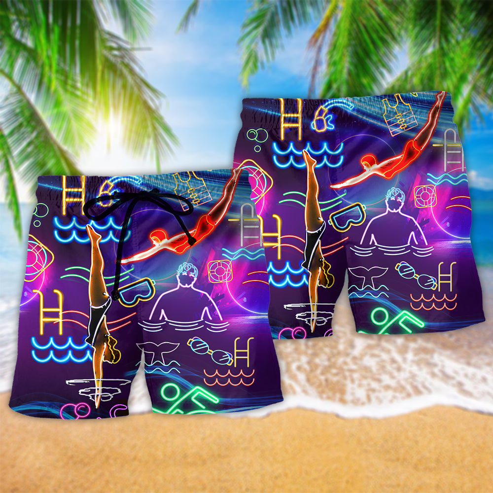 Neon Swimming With Heart Energy Beach Shorts Design Detail For Casual Warm Weather Outfits