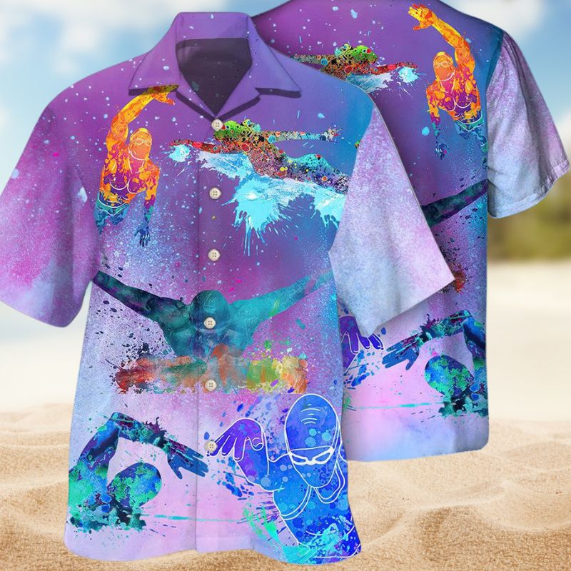 Colorful Swimming Hawaiian Shirt For Resort Trips, Coastal Parties, And Warm Weather Style