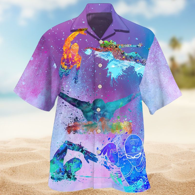 Colorful Swimming Hawaiian Shirt For Resort Trips, Coastal Parties, And Warm Weather Style