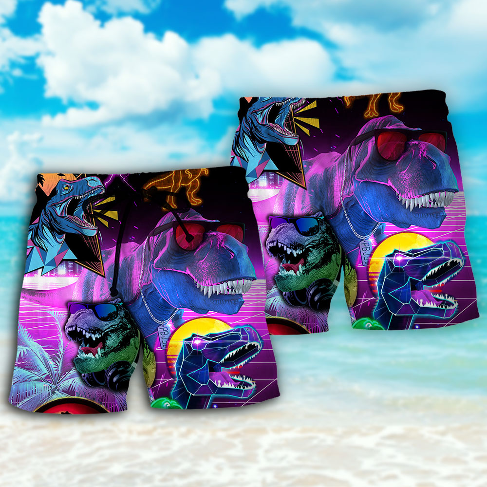 Neon Dinosaur T Rex Fantasy Beach Shorts Artwork View For Seaside Trips And Casual Style