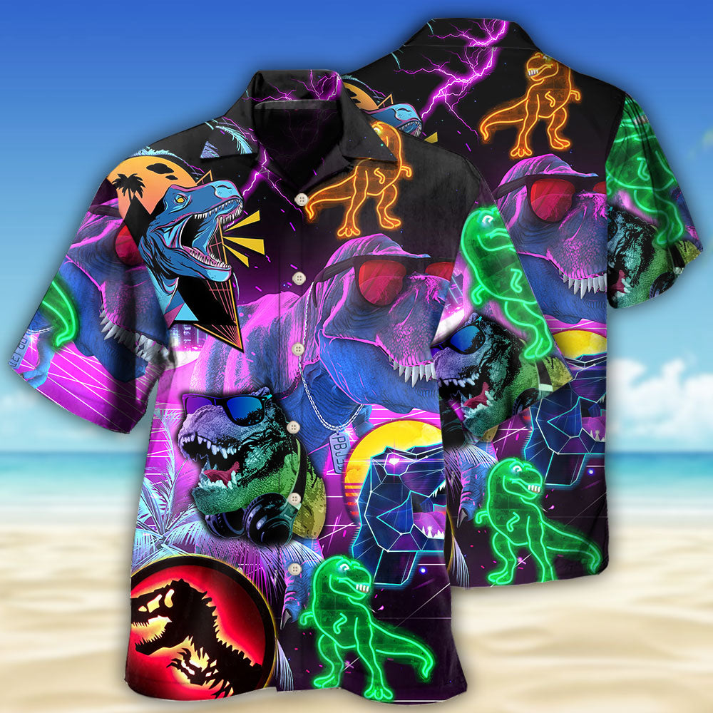 Creative Neon Rex Dinosaur Hawaiian Shirt For Island Vacations, Resort Wear, And Relaxed Seasonal Style