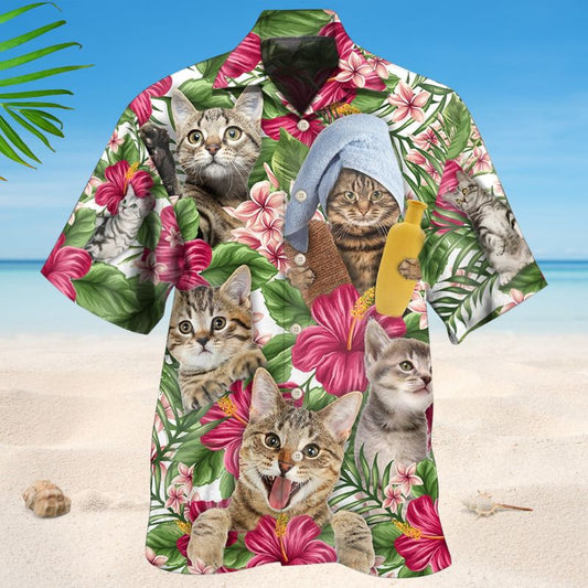 Floral Tropical Tabby Cat Hawaiian Shirt For Animal Lovers, Beach Travel, And Casual Summer Style