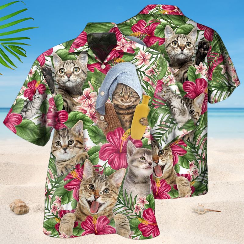Floral Tropical Tabby Cat Hawaiian Shirt For Animal Lovers, Beach Travel, And Casual Summer Style