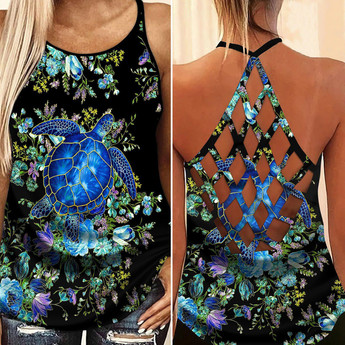 Turtle Loves Beach Ocean Love Hollow Tank Top For Beach Days And Yoga Practice