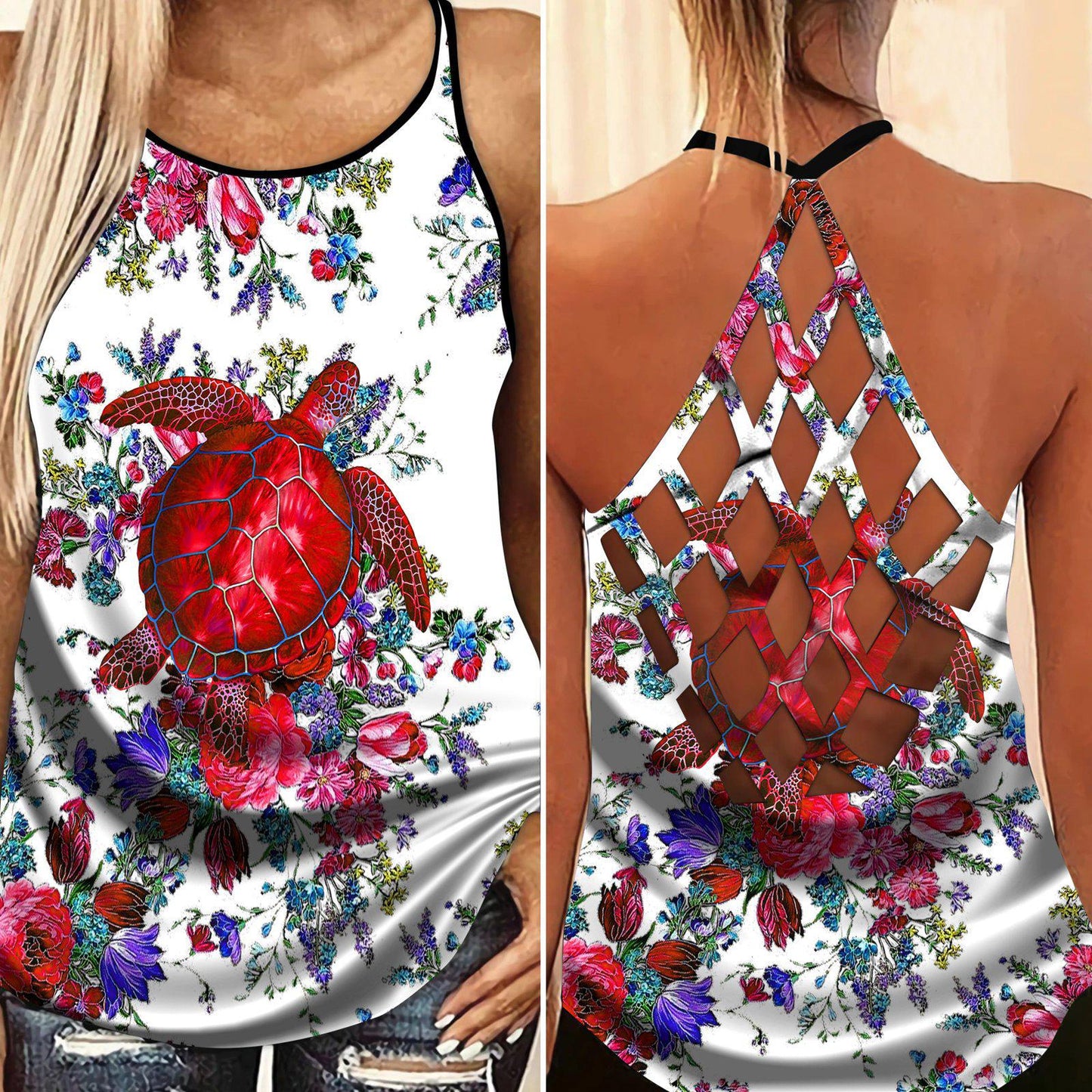 Turtle Loves Beach Ocean Love Hollow Tank Top For Tropical Travel And Daily Comfort
