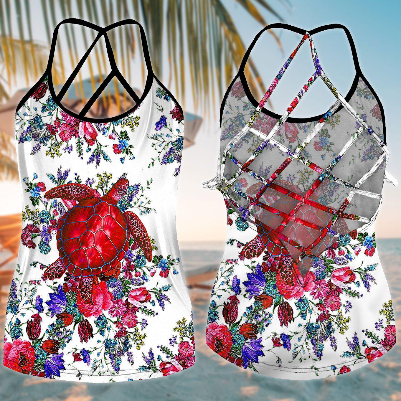 Turtle Loves Beach Ocean Love Hollow Tank Top For Tropical Travel And Daily Comfort