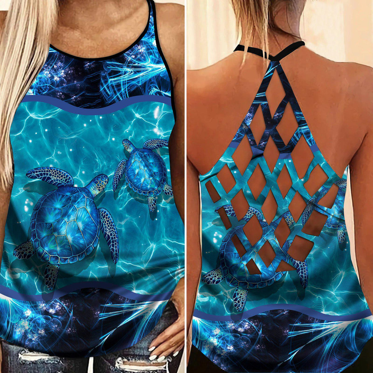 Turtle Loves Beach Ocean Love Hollow Tank Top For Resort Vacations And Everyday Wear