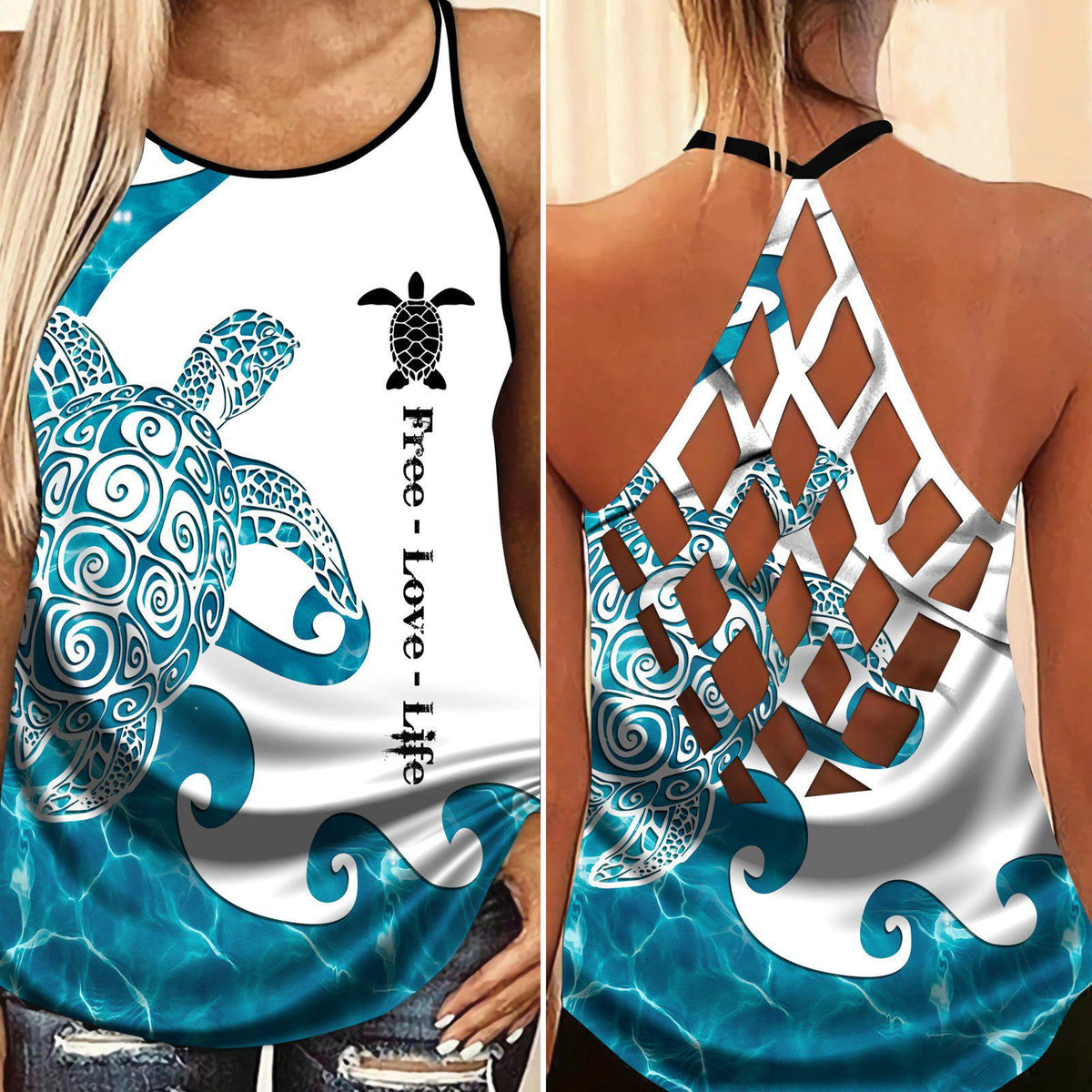 Turtle Loves Beach Ocean Love Hollow Tank Top For Beach Vacations And Casual Wear