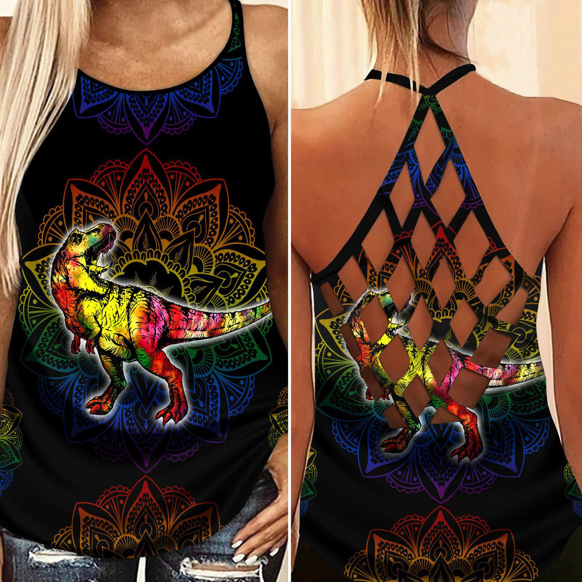 Dinosaurs Peace Life Hollow Tank Top For Workout Classes And Relaxed Style