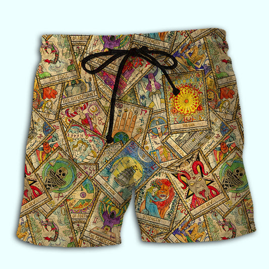 Tarot Card Vintage Mystic Beach Shorts Artwork Detail For Casual Warm Weather Outfits