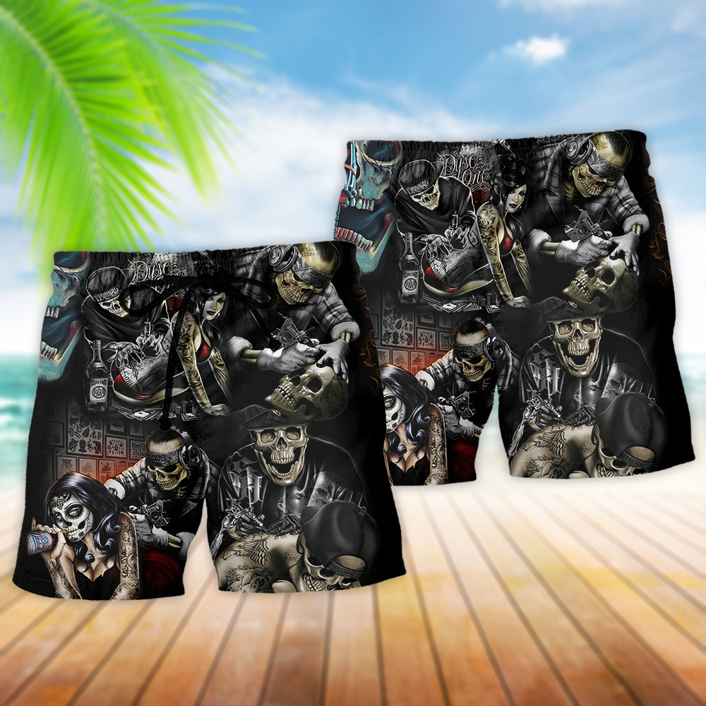 Tattoo Skull Beach Shorts Pattern Detail For Resort Wear And Leisure And Relaxation