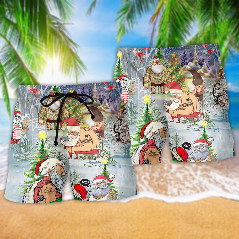 Tattoo Santa Christmas Beach Shorts Pattern Detail For Summer Adventures And Relaxed Holiday Style
