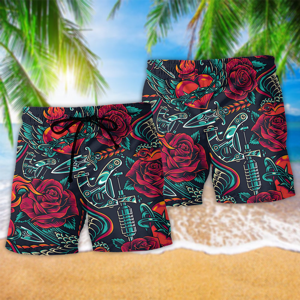 Tattoo Red Rose Heart Beach Shorts For Summer Vacation And Coastal Travel