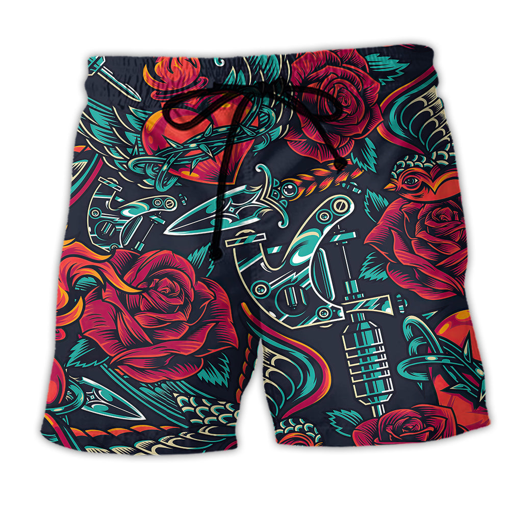Tattoo Red Rose Heart Beach Shorts Pattern View For Relaxed Vacation Styling