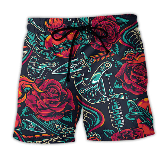 Tattoo Red Rose Heart Beach Shorts Pattern View For Relaxed Vacation Styling
