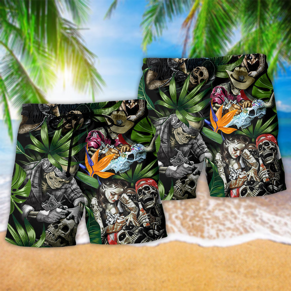Tattoo Skull Girl Artistic Beach Shorts Pattern View For Vacation Travel And Outdoor Fun