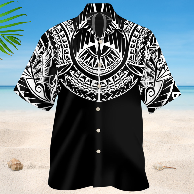 Tropical Tattoo Black Hawaiian Shirt For Summer Vacation, Beach Travel, And Casual Wear