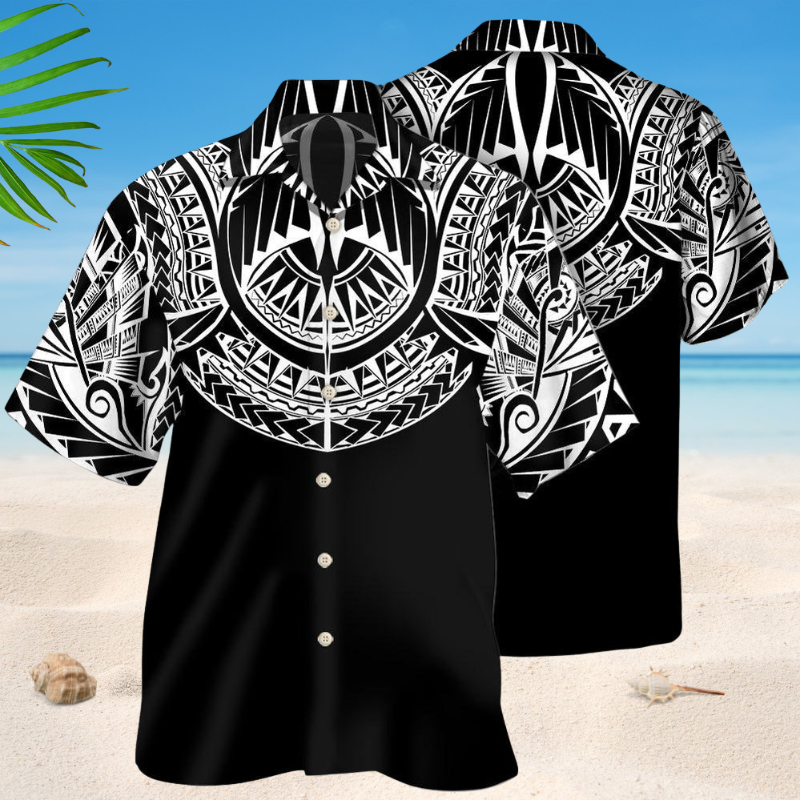 Tropical Tattoo Black Hawaiian Shirt For Summer Vacation, Beach Travel, And Casual Wear