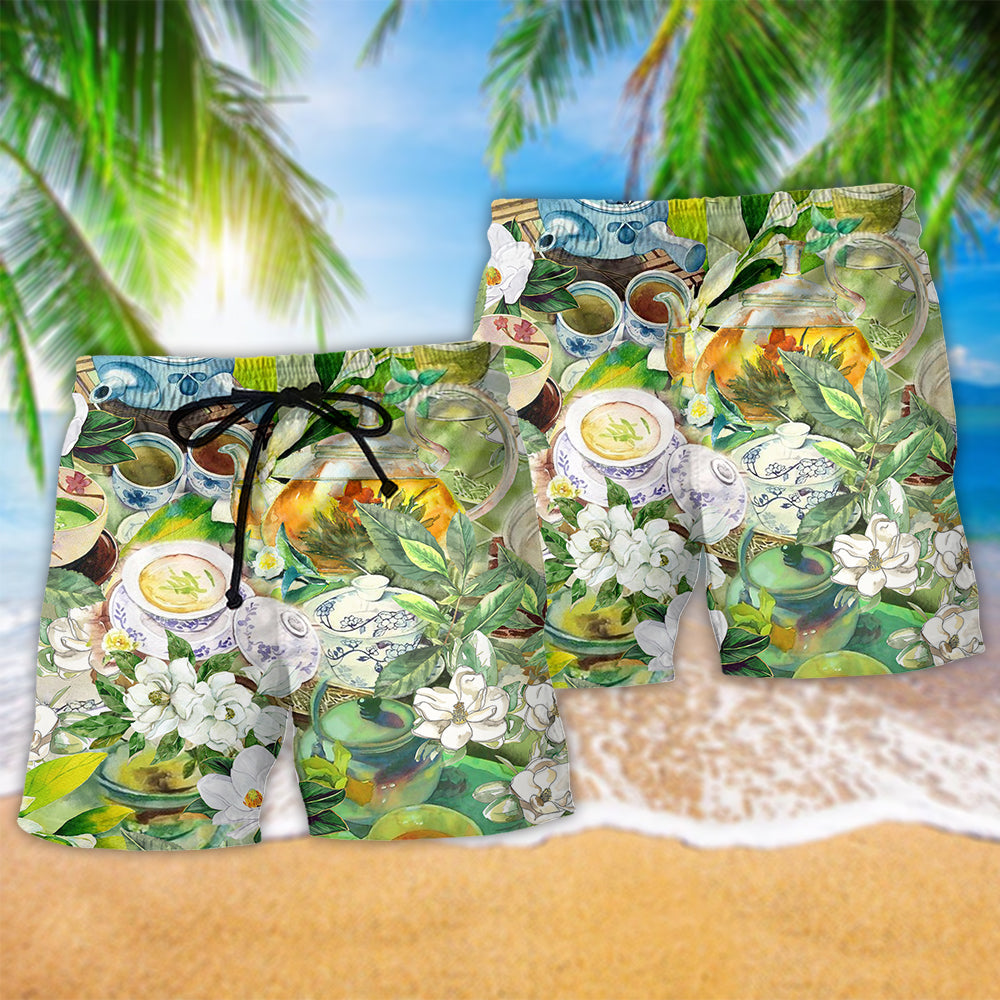 Tea Ritual Beach Shorts Pattern Detail For Everyday Outings And Warm Weather Wardrobe