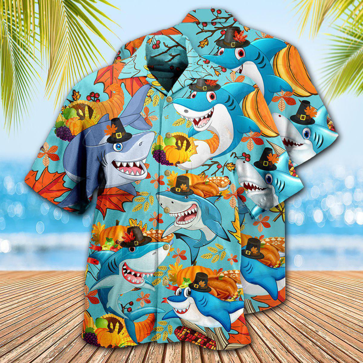 Funny Shark Thanksgiving Hawaiian Shirt Design Detail For Sunny Adventures And Casual Wear