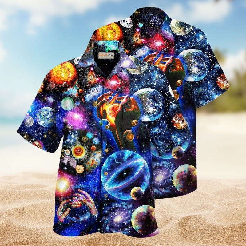 Galaxy Above Hawaiian Shirt For Summer Vacation, Beach Travel, And Casual Wear