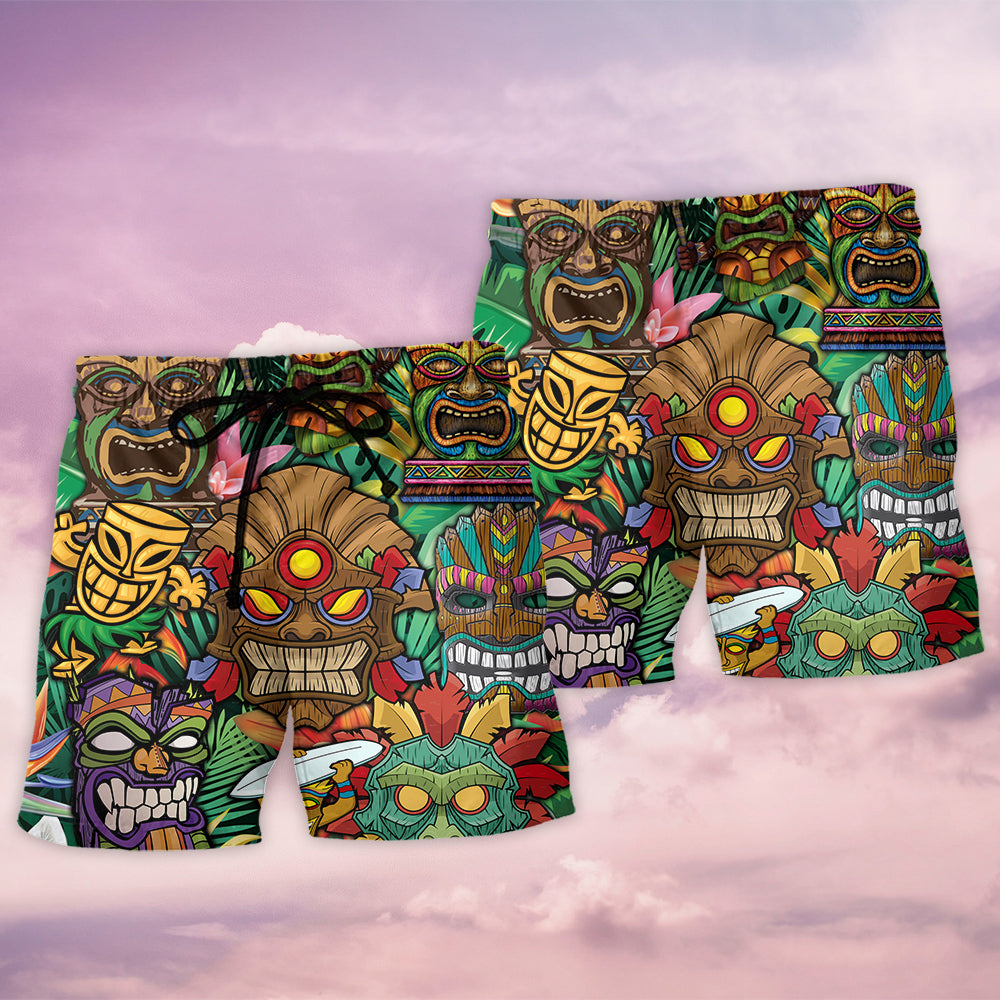 Tropical Tiki Beach Shorts Pattern Detail For Beachside Relaxation And Easygoing Coastal Style