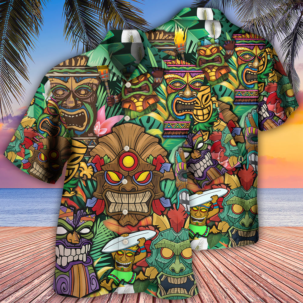 Tropical Island Tiki Hawaiian Shirt For Resort Trips, Coastal Parties, And Warm Weather Style