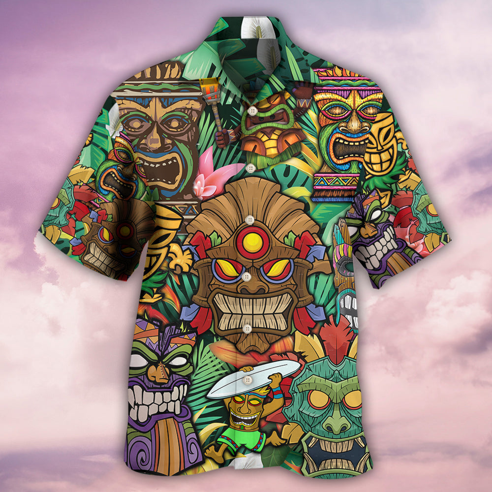 Tropical Island Tiki Hawaiian Shirt For Resort Trips, Coastal Parties, And Warm Weather Style