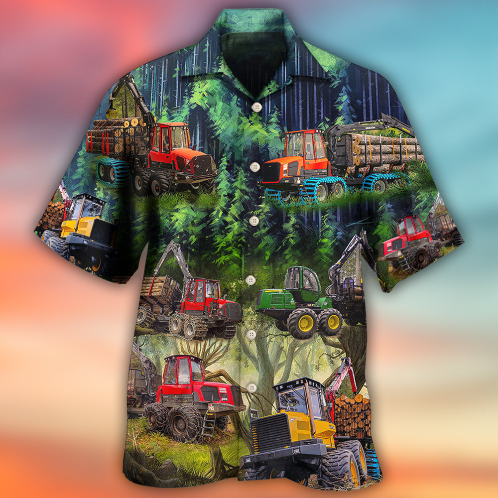 Woodland Tractor Hawaiian Shirt Design View For Casual Summer Styling