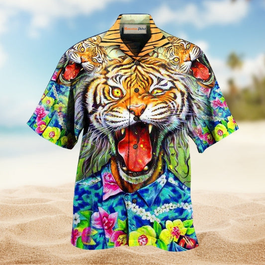 Tiger Awesome With Flowers Hawaiian Shirt For Tropical Travel Outdoor Parties And Relaxed Casual Wear