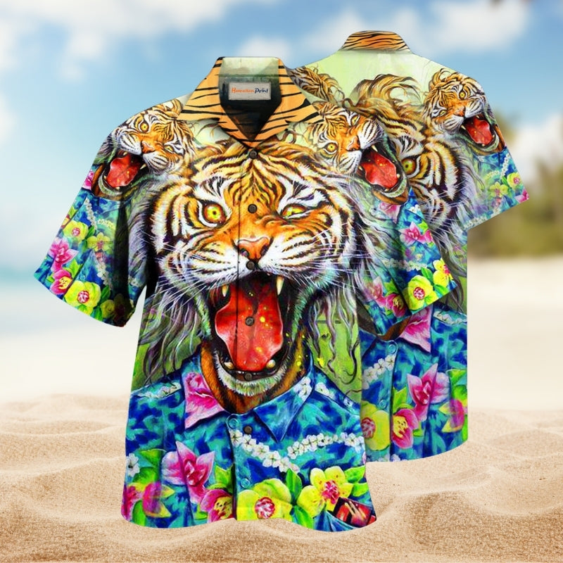 Tiger Awesome With Flowers Hawaiian Shirt For Tropical Travel Outdoor Parties And Relaxed Casual Wear