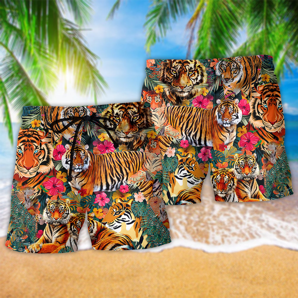 Jungle Tiger Freedom Floral Beach Shorts Pattern Detail For Sunny Outdoor Activities