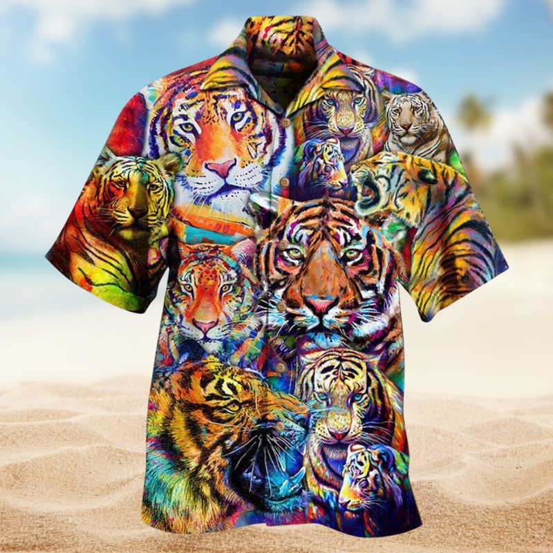 Colorful Tiger Wild Hawaiian Shirt For Animal Lovers, Beach Travel, And Casual Summer Style