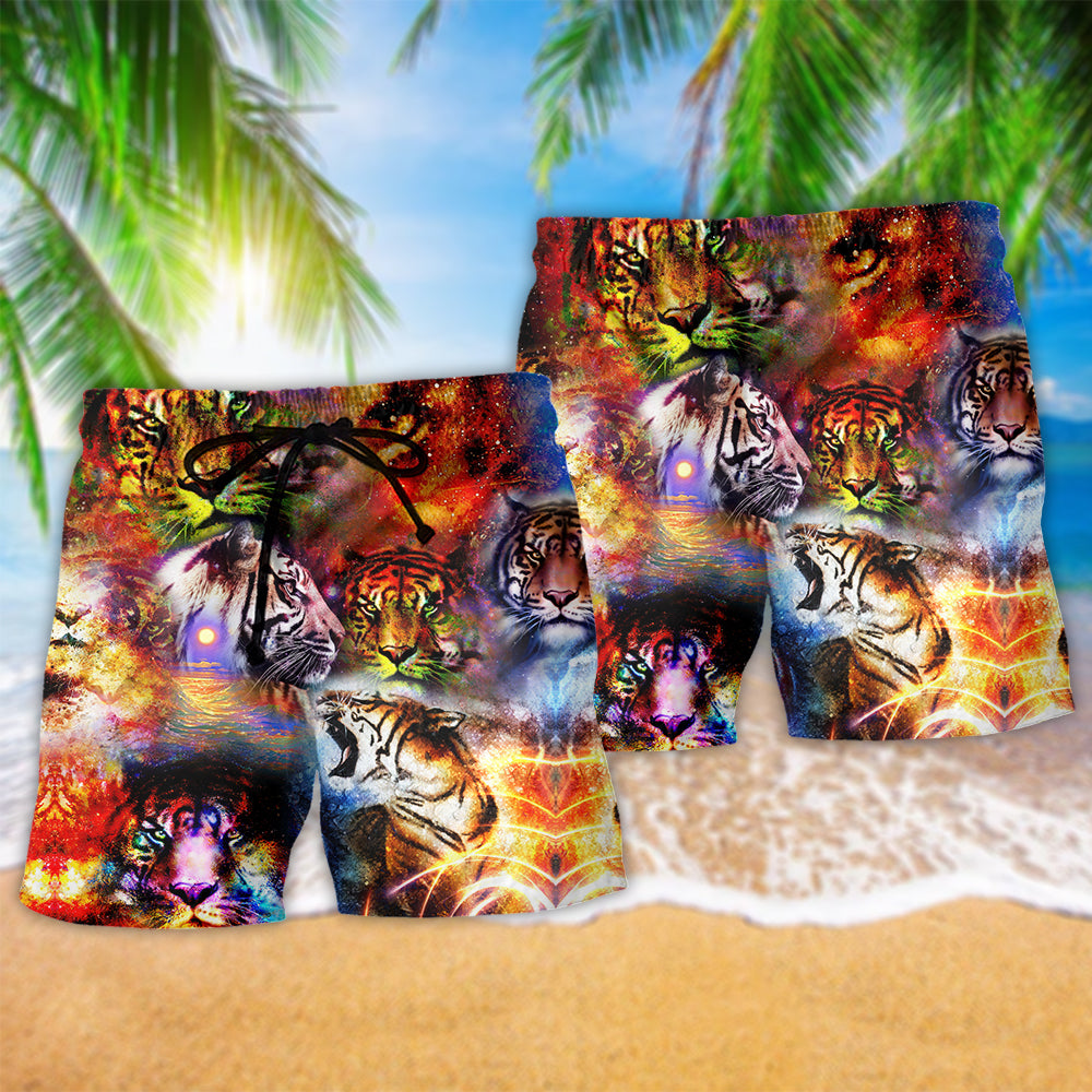 Cosmic Tiger Power Universe Beach Shorts Pattern View For Resort Days And Outdoor Activities