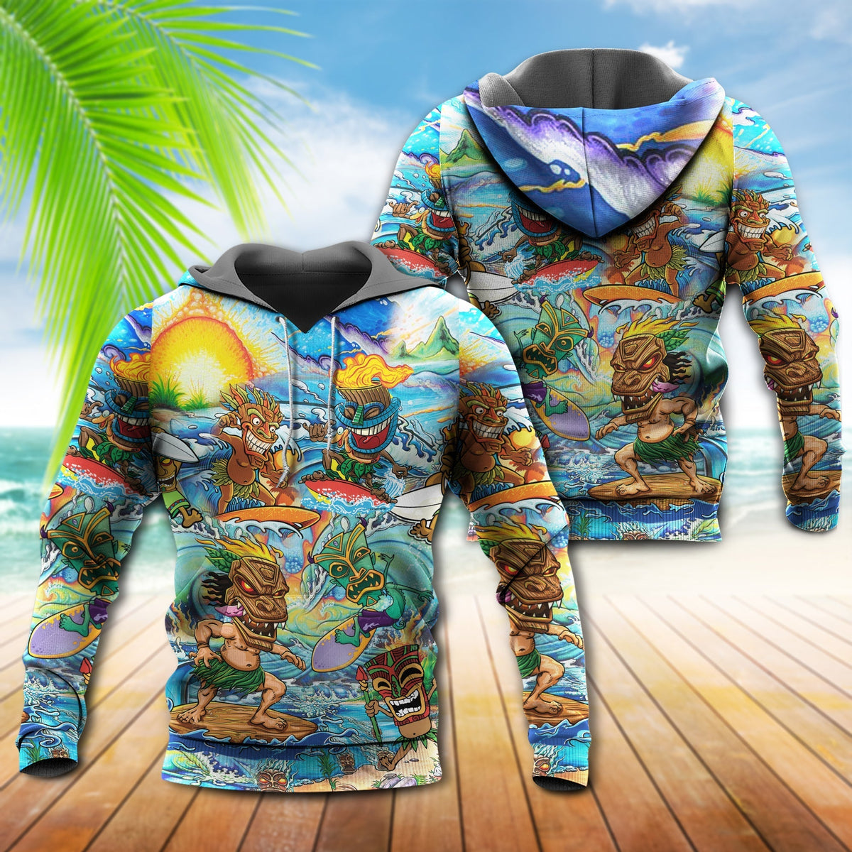 Tiki Aloha Surfing Sunset Hoodie For Casual Activities Seasonal Outings And Gift Ideas