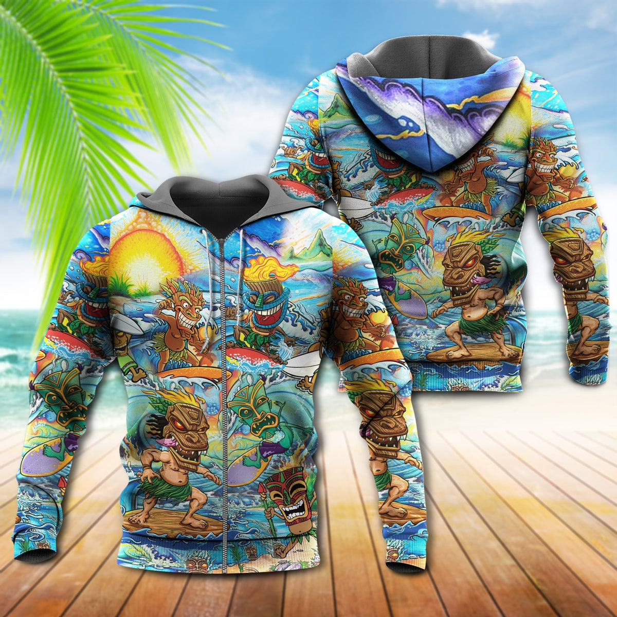 Tiki Aloha Surfing Sunset Hoodie For Casual Activities Seasonal Outings And Gift Ideas