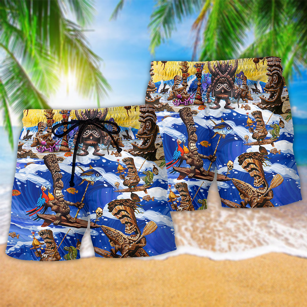 Tiki Happy Surfing Day Hawaiian Print Beach Shorts For Beach Days And Coastal Travel