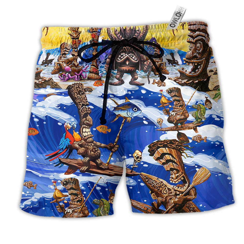 Tiki Happy Surfing Day Hawaiian Print Beach Shorts For Seaside Summer Adventures