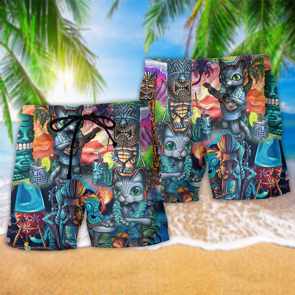 Tiki It's Tiki Time And Cat Hawaiian Print Beach Shorts For Ocean Lover Vacation Wear
