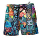 Tiki It's Tiki Time And Cat Hawaiian Print Beach Shorts For Beach Days And Coastal Travel