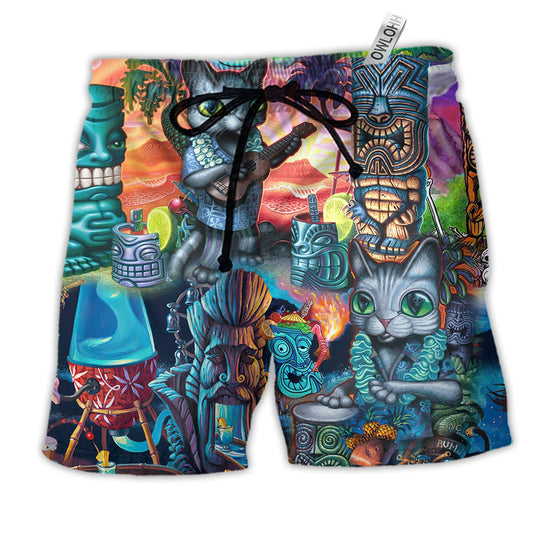 Tiki It's Tiki Time And Cat Hawaiian Print Beach Shorts For Beach Days And Coastal Travel