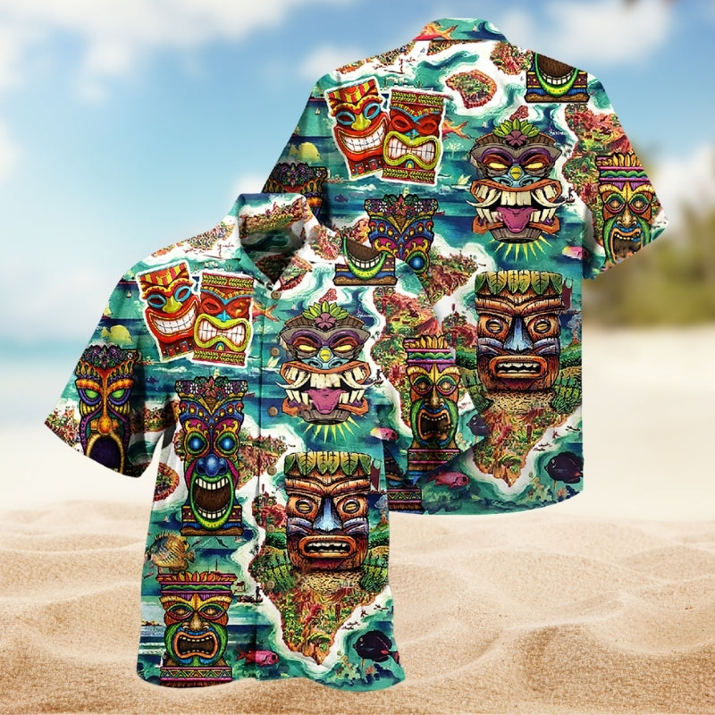 Island Tiki Aloha Hawaiian Shirt For Summer Vacation, Beach Travel, And Casual Wear