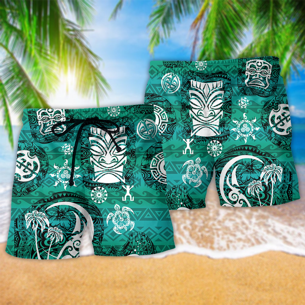 Tiki Love Turtle Geen Hawaiian Print Beach Shorts For Seaside Summer Adventures