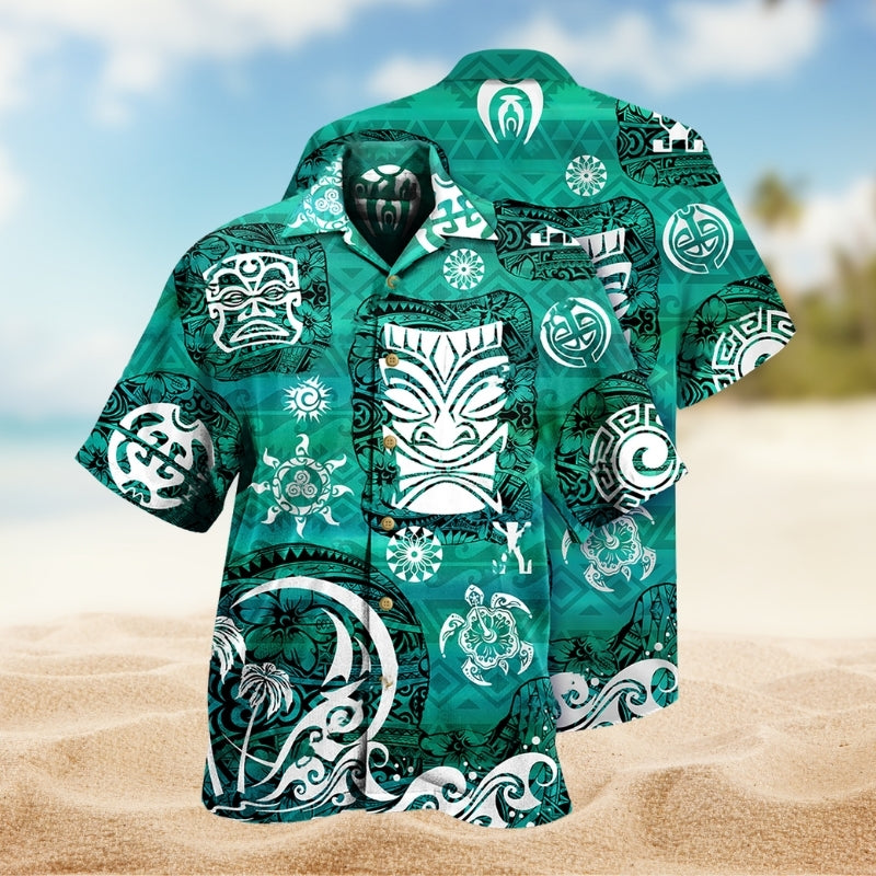 Tiki Turtle Green Hawaiian Shirt For Coastal Travel, Casual Events, And Comfortable Summer Wear