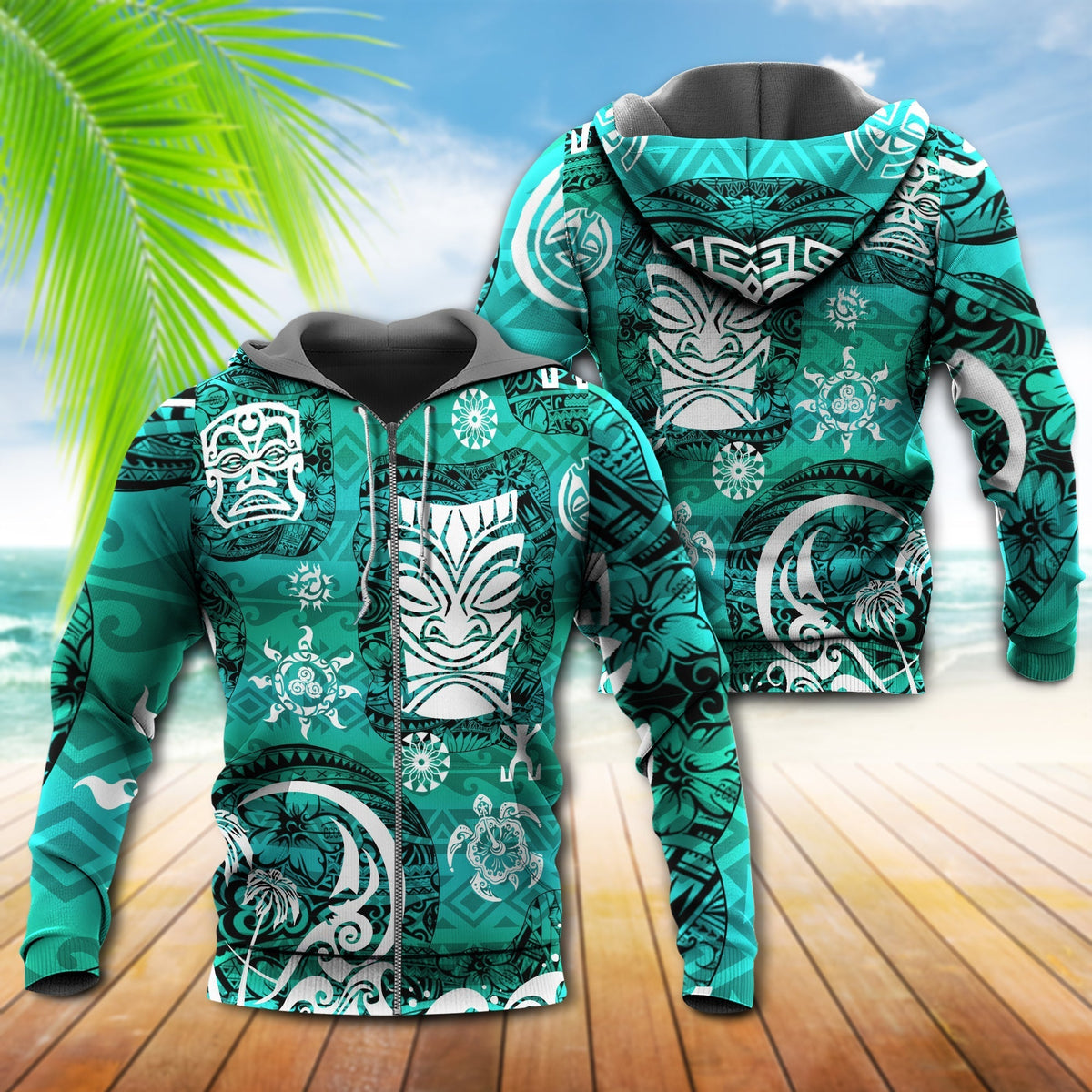 Green Tiki Turtle Island Hoodie For Coastal Travel Casual Outfits And Relaxed Daily Wear