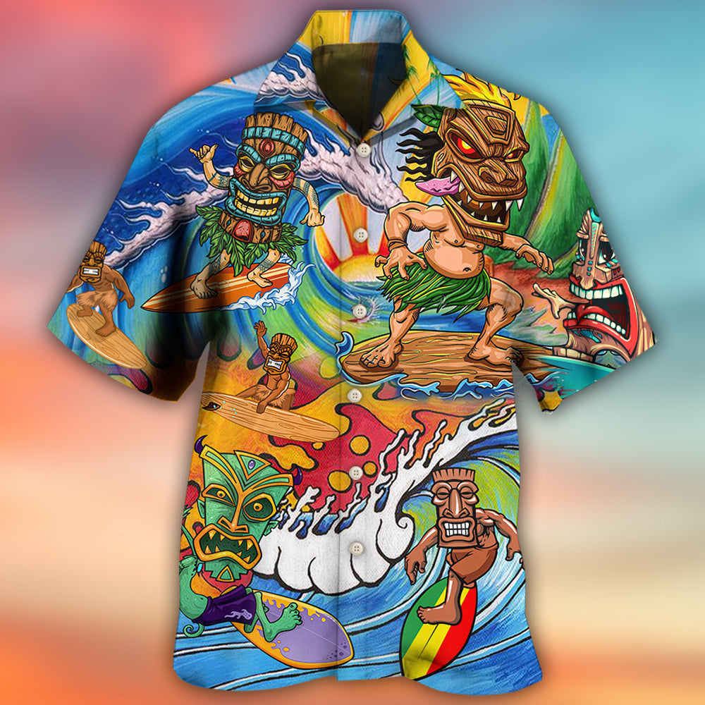 Watercolor Tiki Surfing Pretty Hawaiian Shirt For Warm Weather Adventures And Everyday Comfort
