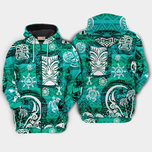 Green Tiki Turtle Hoodie For Beach Trips Weekend Outings And Relaxed Streetwear