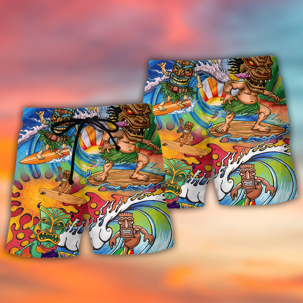 Tiki Surfing Artistic Island Painting Beach Shorts Design View For Summer Events And Coastal Getaways
