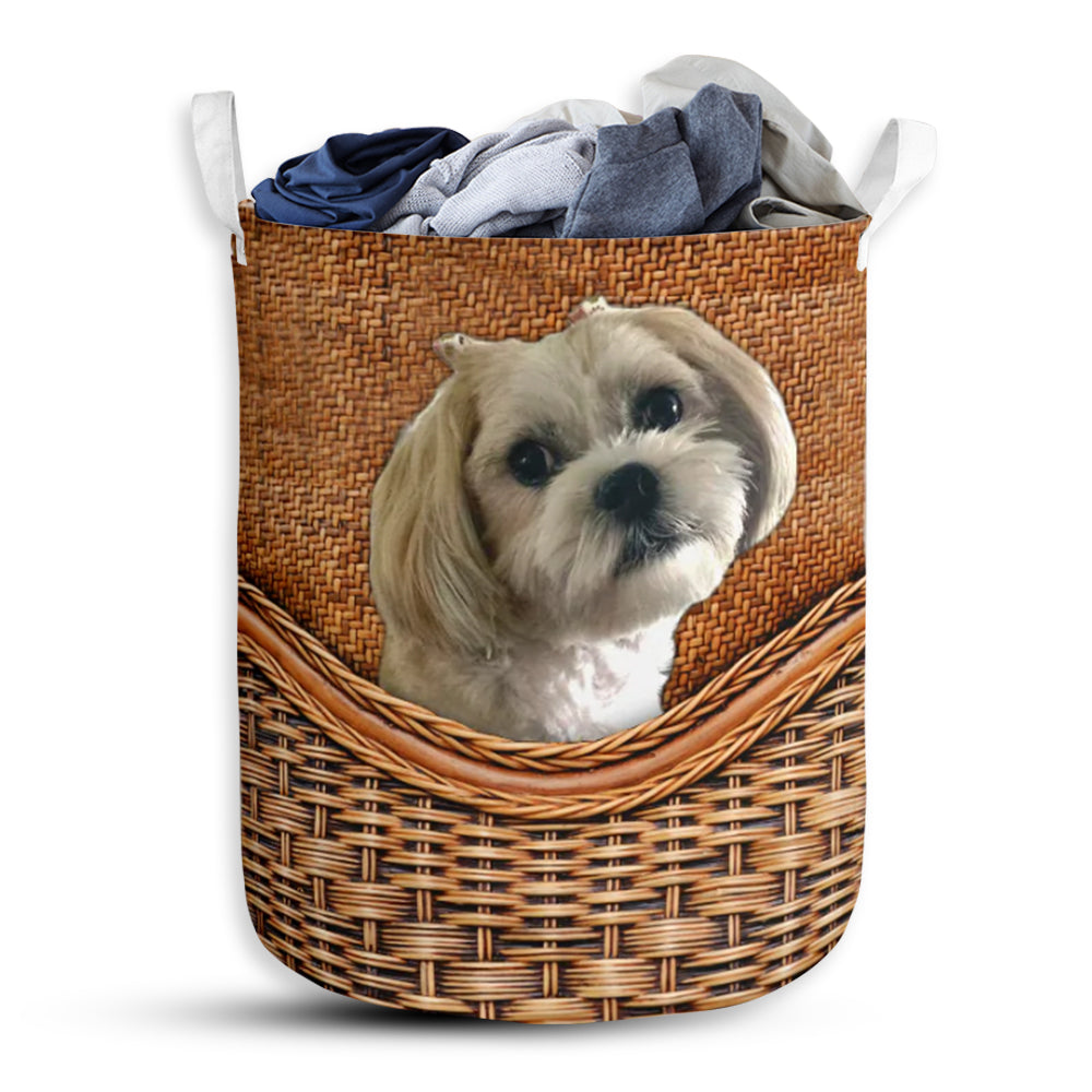 Tina Dog Rattan Texture Laundry Basket For Bathroom Bedroom Storage