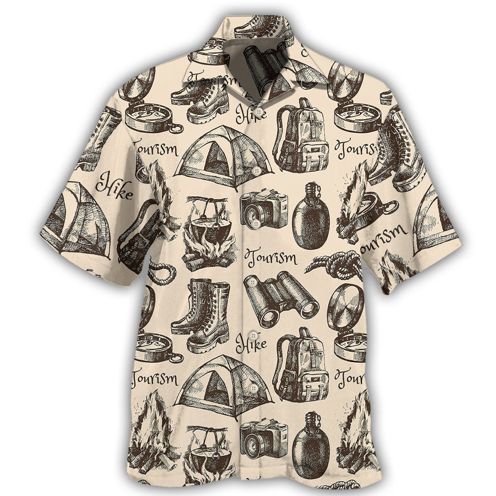 Vintage Hiking Adventure Theme Hawaiian Shirt For Resort Trips, Coastal Parties, And Warm Weather Style